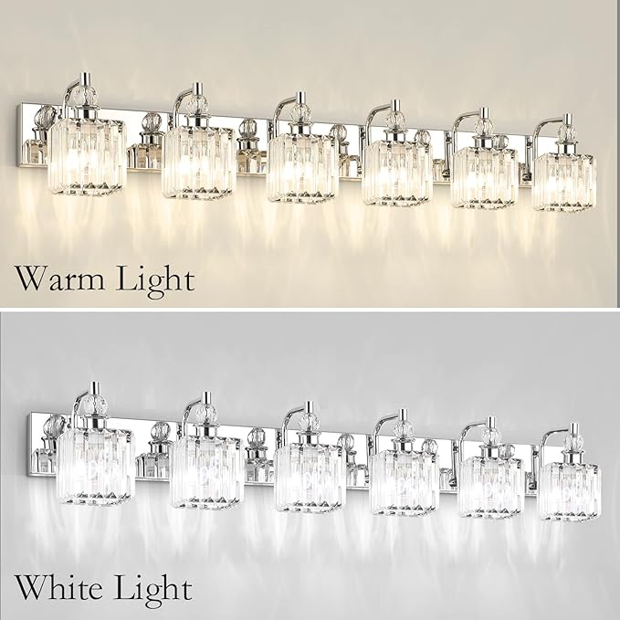 Ralbay Crystal Vanity Light 6 Light 48''Modern Chrome Bathroom Vanity Lighting Over Long Mirror Crystal Bathroom Wall Lighting Fixtures