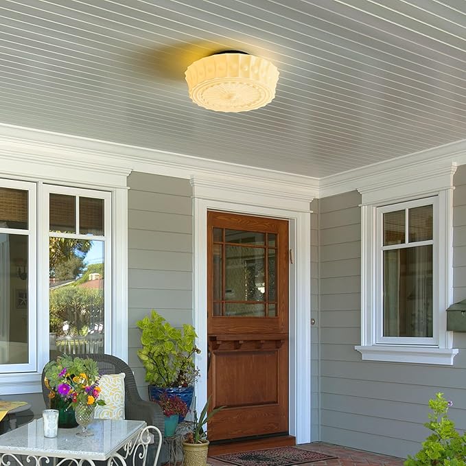 Schoolhouse Vintage Glass Ceiling Light - 14 Inch Cream Yellow Mid Century Modern Flush Mount Lighting Fixtures - Antique Art Deco Lamp for Bedroom Kitchen Entryway Laundry Hallway Foyer Bathroom Hall