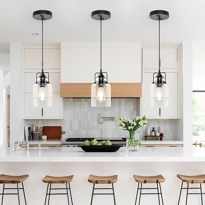hansang Pendant Lights Kitchen Island, Modern Black Pendant Light Fixture, Kitchen Ceiling Hanging Lights, 47Inches Adjustable Rope, Farmhouse Clear Glass, E26 Base, Bulbs Not Included, 1 Pack