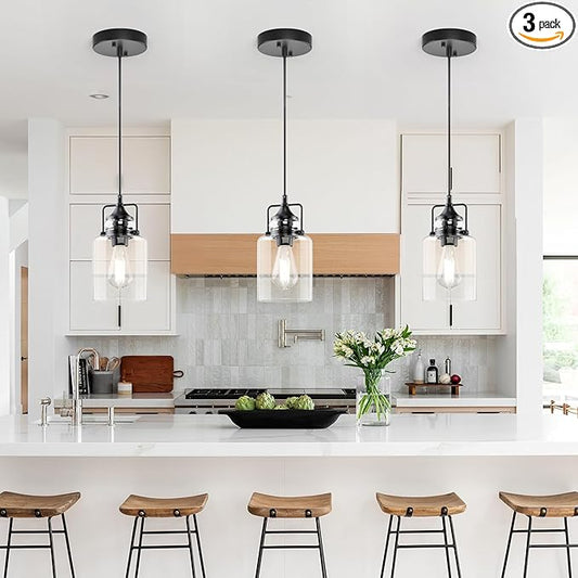 hansang 3 Pack Pendant Lights for Kitchen Island, Modern Black Hanging Light Fixture, 47Inches Island Lights, Adjustable Rope, Farmhouse Clear Glass, E26 Base, Bulbs Not Included