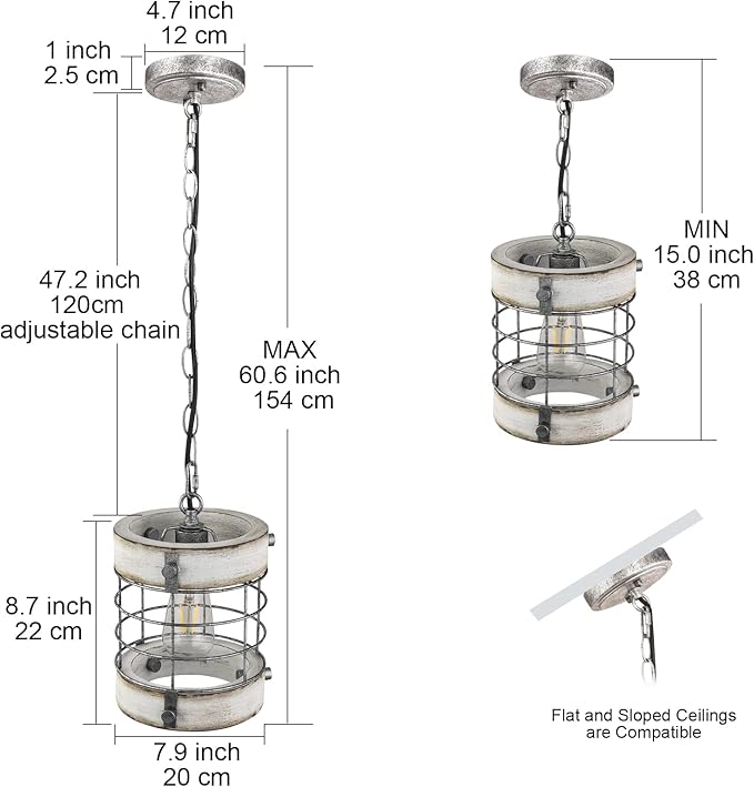 Retro Industrial Metal and Wood Chandelier 1-Light Round Cage Pendant Light Fixture for Kitchen Island Foyer Hallway Bar Dining Room Restaurant, D 7.9" x H 8.7" (White)