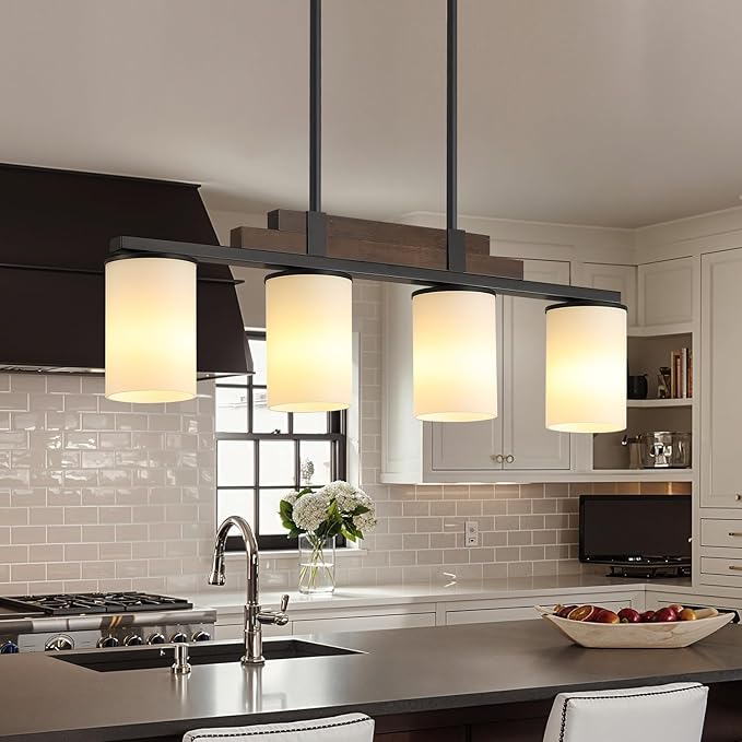Farmhouse Wood Kitchen Island Lighting, 4-Light Adjustable Chandelier for Dining Room, Milk Glass Shade Dining Room Light Fixture Over Table, Black Hanging Pendant Lights for Kitchen, Pool Table
