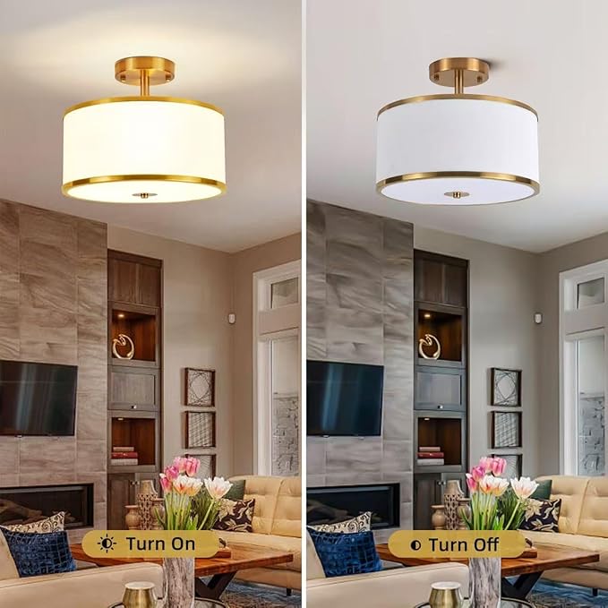 Semi Flush Mount Ceiling Light,3-Light Modern Close to Ceiling Light Fixtures, Gold Drum lamp with Fabric Shade, Hallway Light Fixtures for Foyer Bedroom Kitchen Laundry Room Living Room