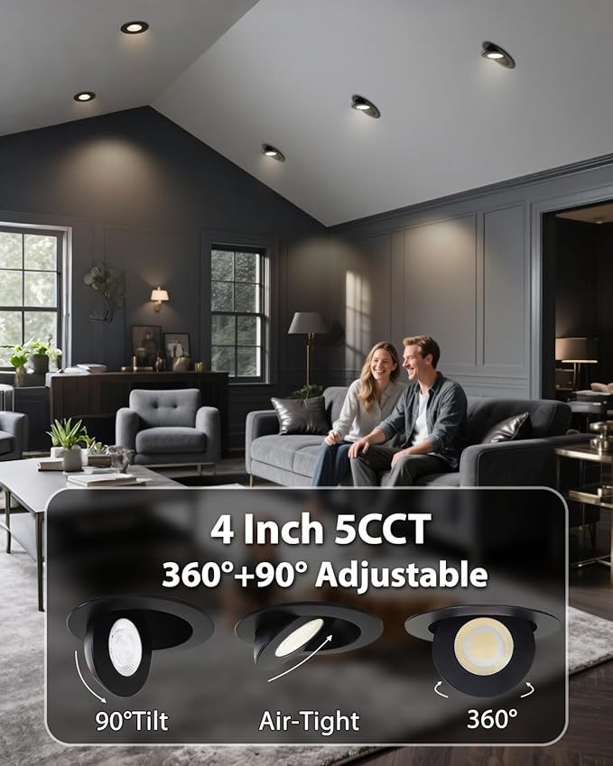 Adetu 4 inch 5CCT Gimbal Black Led Recessed Lights, 360°+90° Adjustable Directional Recessed Lighting, 2700K/3000K/3500K/4000K/5000K Dimmable Eyeball Canless Downlight with Jbox, ETL (Black, 4 Pack)