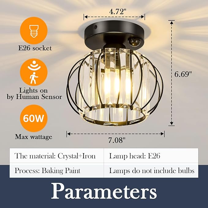 YYJLX Indoor Motion Sensor Ceiling Light Fixture Modern Cryatal Semi Flush Mount Ceiling Light Black Ovrehead Light Fixture for Porch Hallway Front Entryway Kitchen Hall Garage.