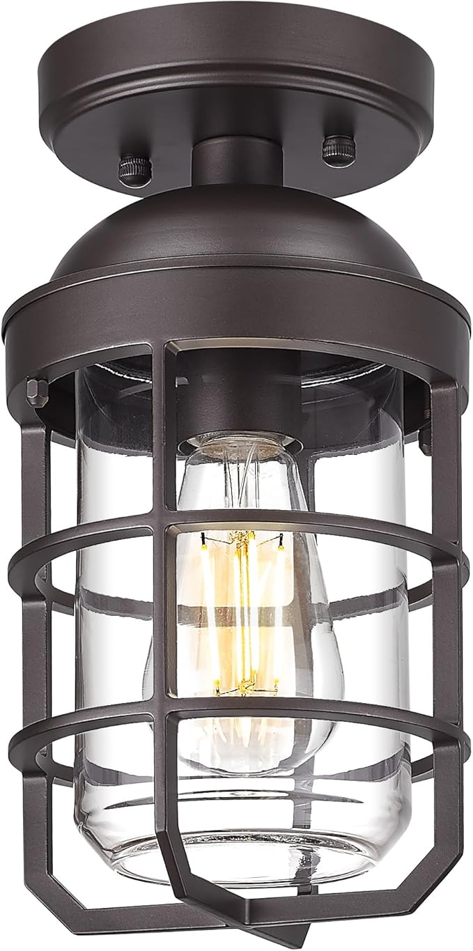 Emliviar Oil Rubbed Bronze Finish 11.1" Semi Flush Light Fixture for Indoor, Farmhouse Semi Flush Mount Ceiling Light with Clear Tempered Glass Shade, GE255LF ORB
