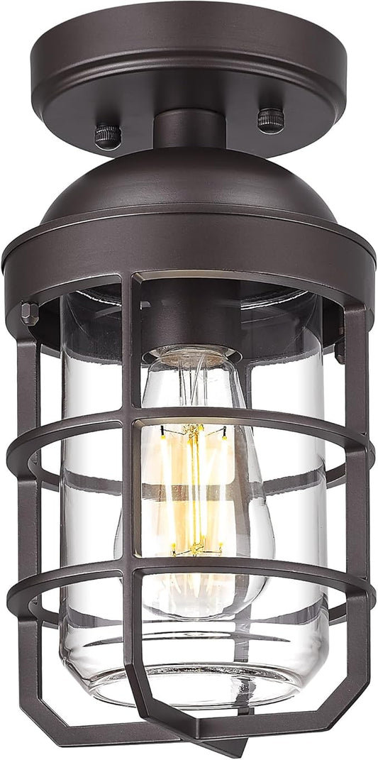 Emliviar Oil Rubbed Bronze Finish 11.1" Semi Flush Light Fixture for Indoor, Farmhouse Semi Flush Mount Ceiling Light with Clear Tempered Glass Shade, GE255LF ORB