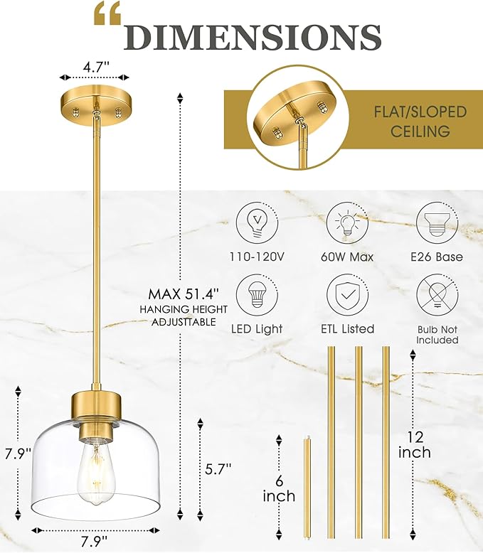2-Pack Pendant Lights Kitchen Island, 8" Brushed Gold Hanging Light Fixtures with Clear Glass Shade, Modern Brass Kitchen Pendant Lighting Over Island for Dining Room, AD-24024-1P2L-GD