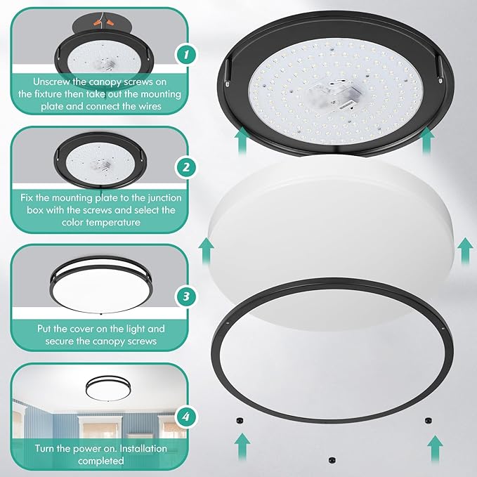 LED Flush Mount Ceiling Light Fixture, 18 Inch Dimmable 5CCT Selectable 2700K Warm White-6500K Super Bright Daylight White, 50W 6000LM Round Black Ceiling Lamps for Living Room Bedroom Kitchen, 1 Pack
