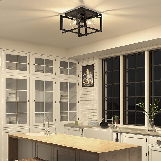 2-Light Flush Mount Ceiling Light Fixture, Industrial Black Metal Ceiling Light, Modern Rectangle Close to Ceiling Light for Hallway, Kitchen, Entryway