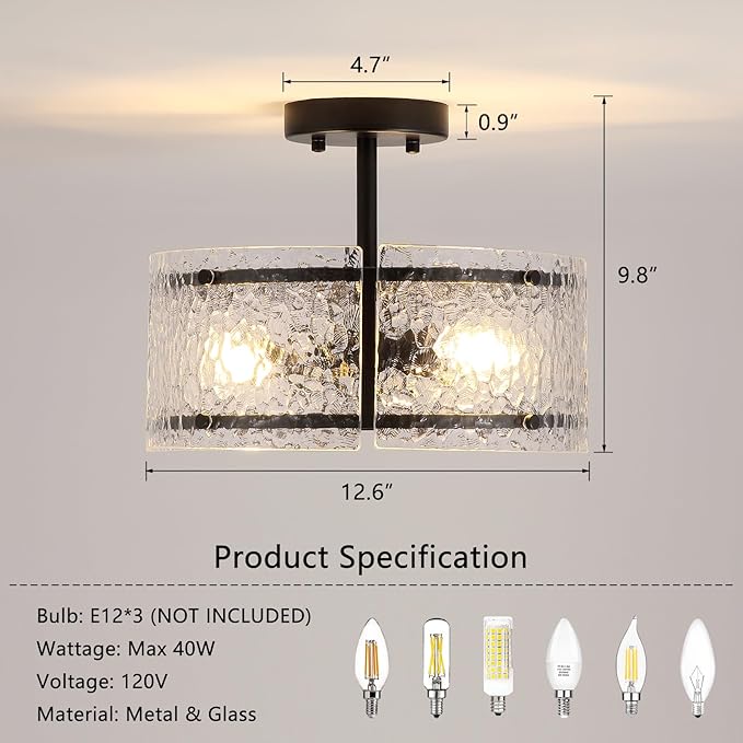 Black Semi Flush Mount Ceiling Light, 3-Light Foyer Lighting Fixtures, 12.6" Glass Hallway Entryway Ceiling Light Fixture for Dining Room Kitchen Bedroom Living Room