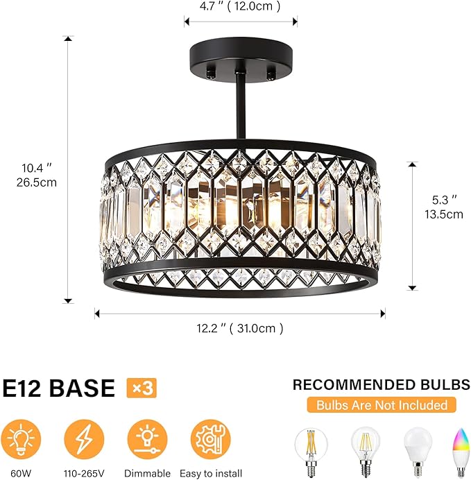 Crystal Ceiling Light Fixture, Modern Semi Flush Mount Ceiling Light, Black Lighting Chandelier for Kitchen, Bedroom, Dining Room, Hallway, 3-Light, 12.2 Inch