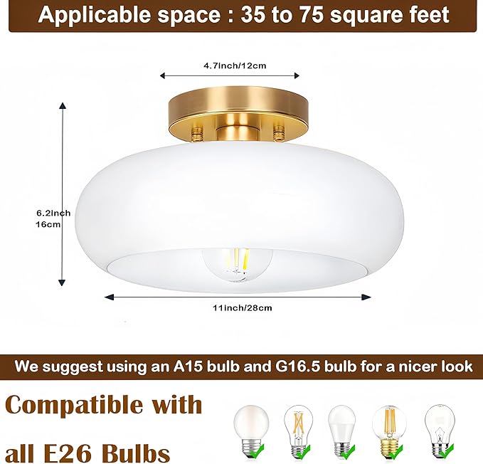 Gold Semi Flush Mount Ceiling Light,11inch Mid Century Modern Light Fixture,Hallway Lighting Fixture with Milk White Glass Shade,Vintage Ceiling Lamp for Kitchen,Porch,Entryway,Closet,Bedroom