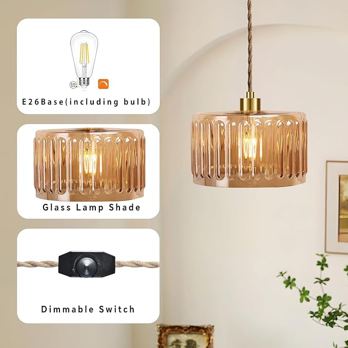 QIYIZM Plug in Pendant Light Hanging Lights with in Cord Mid Century Modern Gold Hanging Lamp Flower Glass Amber Vintage Dimmable Chandelier Ceiling Fixture for Living Room,Kitchen,Boho