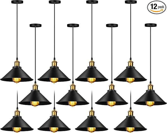 Retisee Black Industrial Pendant Light Vintage Metal E26 Base Hanging Light Rustic Dome Pendant Lamp Fixture Farmhouse Kitchen Hanging Ceiling Lamp for Dining Room Bedroom Hallway Bar (12 Pcs)