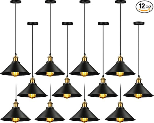 Retisee Black Industrial Pendant Light Vintage Metal E26 Base Hanging Light Rustic Dome Pendant Lamp Fixture Farmhouse Kitchen Hanging Ceiling Lamp for Dining Room Bedroom Hallway Bar (12 Pcs)
