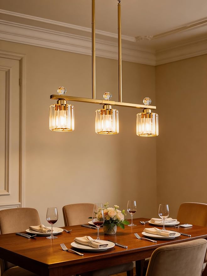Crystal Island Light for Kitchen Over Table,Gold Linear Pendant Light for Dining Room Light Fixture,3-Lights Ceiling Hanging Chandeliers Dining Room Lighting Fixture with Luxury Crystal Shade