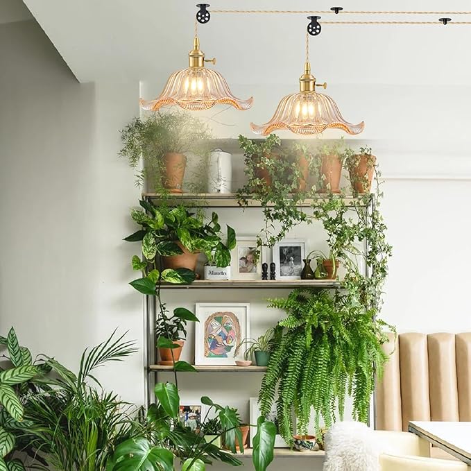 Plug in Pendant Light Vintage 2 Pack, Adjustable Pulley Hanging Lamp with Amber Lily Glass Shade, Brass Hanging Lights with Plug in Cord, Gold Hanging Pendant Light for Bedroom Living Room Kitchen