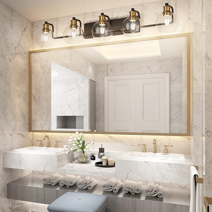 Tipace Vintage Vanity Light Fixture,5-Light Industrial Black & Gold Bathroom Lighting with Globe Clear Glass Shades Farmhouse Bath Lighting (Exclude Bulb)