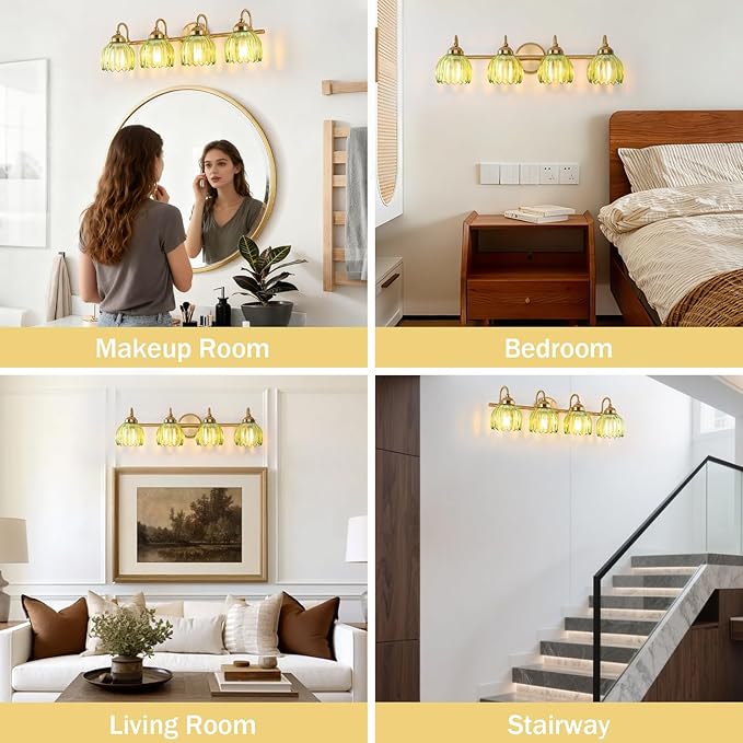 Vintage Bathroom Light Fixtures, Brass Vanity Lights with Green Tulip Glass Shade, Vanity Sconces for Bathroom Bedroom Living Room Hallway, 4-Light