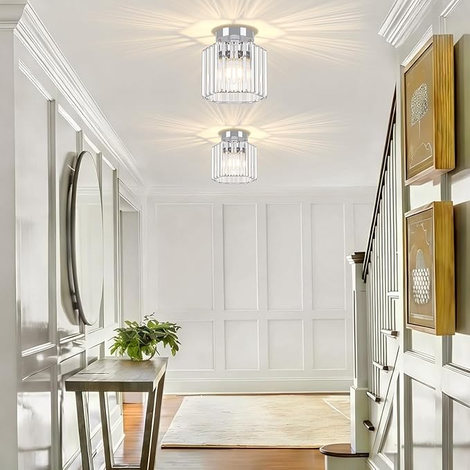 TOULMJ 2 Pack Chrome Semi Flush Mount Ceiling Light, Modern Crystal Hallway Light Fixtures Kitchen Lighting Close to Ceiling Lights for Bathroom Entryway Bedroom Foyer Laundry Room