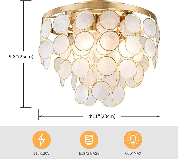 3-Light Capiz Shell Ceiling Light, Coastal Design Flushmount Light Fixture for Dining Room, Living Room, Bedroom, True Shell & Gold Finish Frame