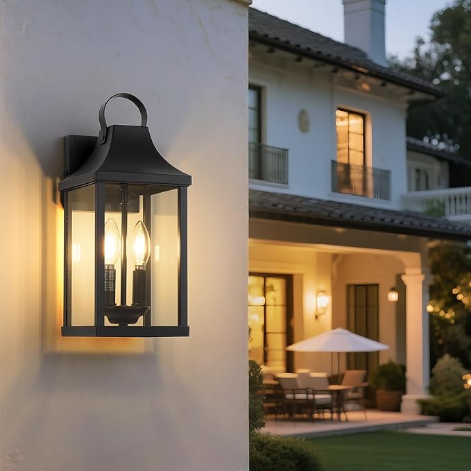 Outdoor Wall Sconces Set of 2, 15‘’ Black Outside Wall Mounted Light Fixture, Exterior Farmhouse Wall Sconce Lantern 2-Light, Modern Porch Lighting Exterior Lamp for House, 2 Pack