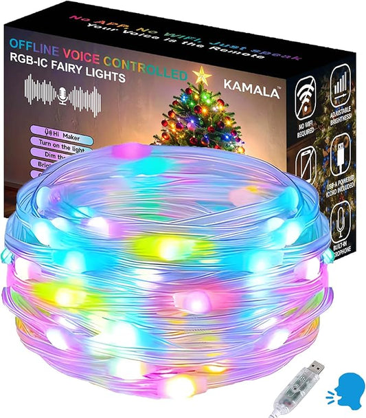 AI Smart Color Changing Fairy Lights, 32.8ft RGB+IC Offline Voice Control Light Twinkle No App/No WiFi Required,Dimmable Xmas Music Sync Lights for Kids Bedroom, Party, 7 Colors & 13 Lighting Modes