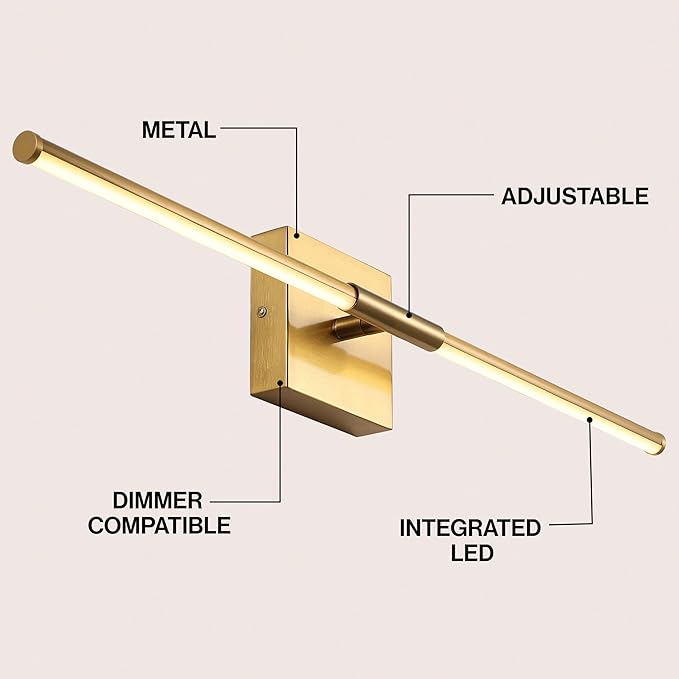 JONATHAN Y 28" Brass Gold Modern Dimmable Integrated LED Wall Sconce, Minimalist Adjustable Metal Vanity Light for Bathroom Mirror, Bedroom, Hallway, 3000K, ETL Listed (JYL7041B)