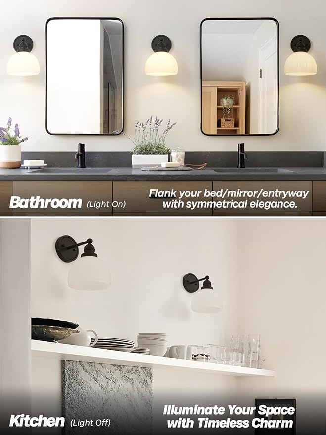 Black Wall Sconce Vintage Bathroom Sconce Light with Frosted Milk Glass Farmhouse Bathroom Vanity Light for Living Room Bedroom Hallway Stairway E26 Hardwire Indoor