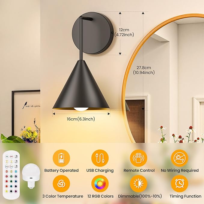 MATAMEYE Rechargeable Wall Sconce Set of 2, Black Wireless Battery Operated Wall Lamp with Remote, Dimmable & Timer, Modern Industrial Indoor Light Fixture, Bulb Included