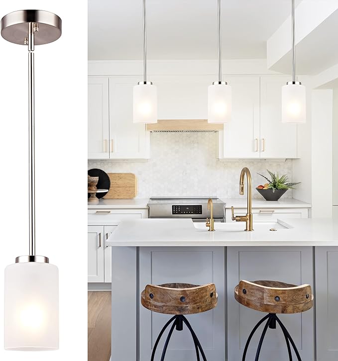 1-Light Mini Pendant Light Fixtures, Industrial Chandelier Hanging Ceiling Lights with Opal White Shade, Adjustable Height, Brushed Nickel Pendant Lighting, 5 Pack