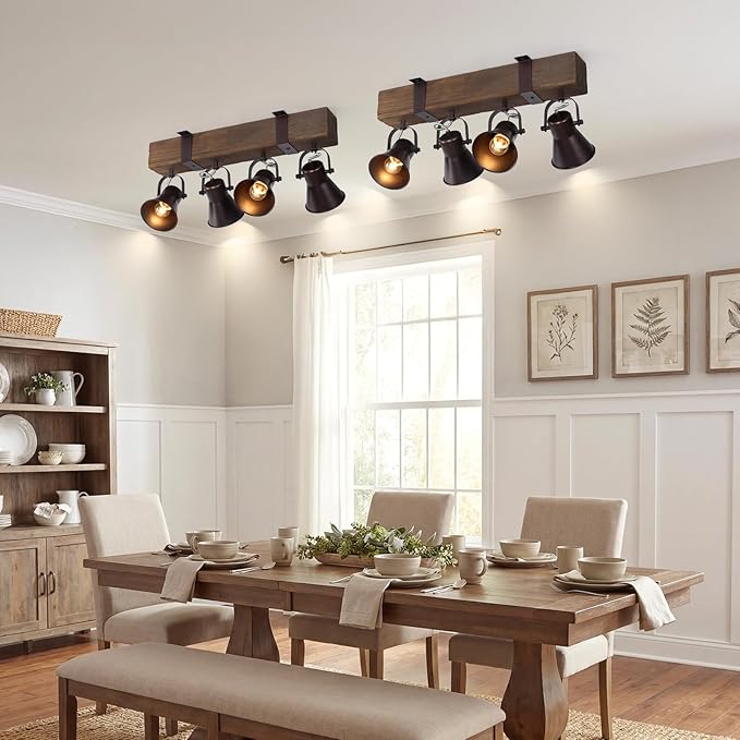 SEEBLEN 4 Light Semi Flush Mount Ceiling Light, Farmhouse Wooden Track Lighting Fixtures Ceiling, Rustic Kitchen Lights Ceiling for Island Dining Room Living Room.
