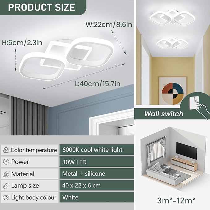 ElDISUNY Modern Ceiling Lights LED 30w White Elegant Square Lamp LED Ceiling Lights Fixture for Indoor Home Hallway Office Kitchen Living Room Bedroom Dining Room 2 Packs