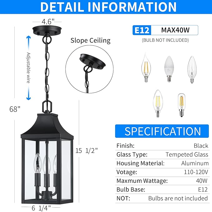 15'' Large Outdoor Pendant Light Fixtures 3-Light, Exterior Hanging Lantern Porch Light Adjustable, Black Hanging Lamp Farmhouse Exterior Chandelier Ceiling Mount for Entrance Patio
