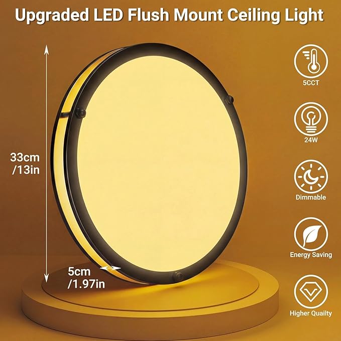 libtit 16Inch Black Flush Mount Ceiling Lights, 36W Dimmable LED Ceiling Light 3000K-6500K Adjustable, Large & Bright Light Fixture for Livingroom Bedroom Kitchen Diningroom -1Pack