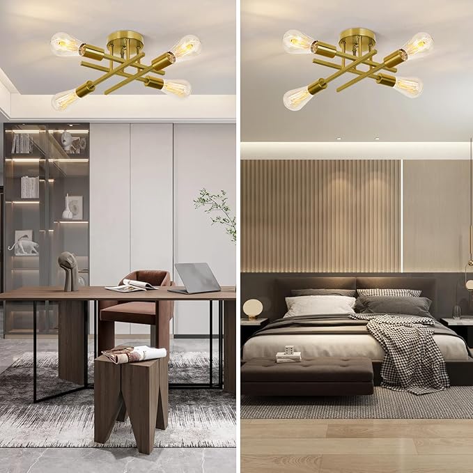 Ceiling Light, Dining Room Light Fixture with E26 Base, Semi Flush Mount Ceiling Light Fixture, Kitchen Lighting Fixtures Ceiling, 4-Light Matte Gold Chandelier for Bedroom