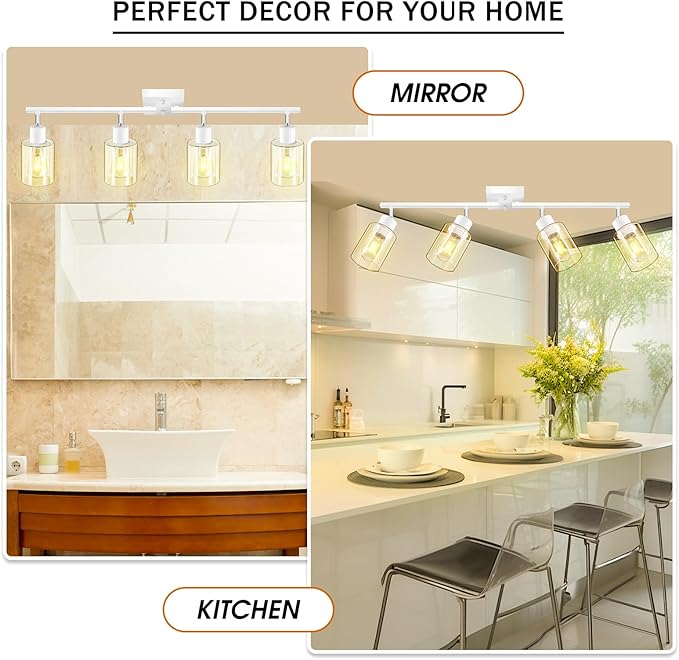 Track Lighting Fixtures Ceiling, 30" LED Track Lighting Kit Kitchen, 4-Light Ceiling Lights with Clear Glass Shade, White Modern Spotlight Light with Rotatable Head for Bathroom Vanity(E26, NO Bulb)