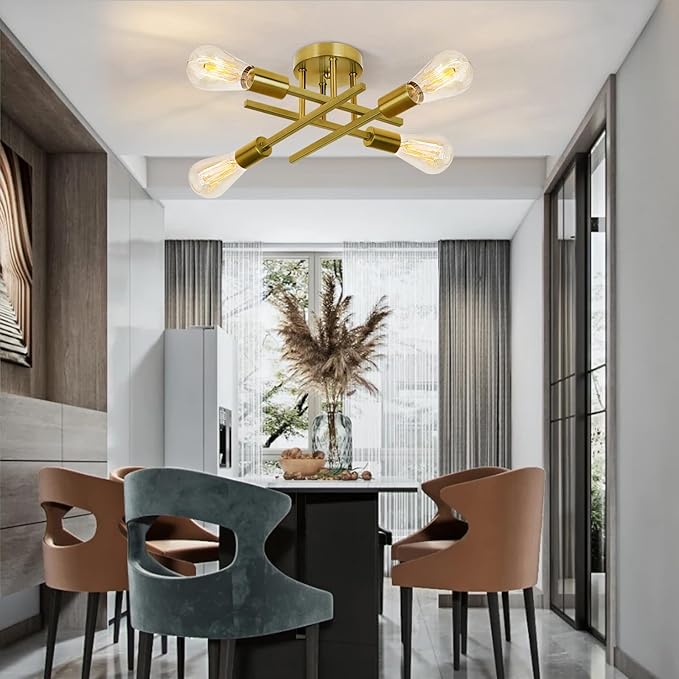 Ceiling Light, Dining Room Light Fixture with E26 Base, Semi Flush Mount Ceiling Light Fixture, Kitchen Lighting Fixtures Ceiling, 4-Light Matte Gold Chandelier for Bedroom