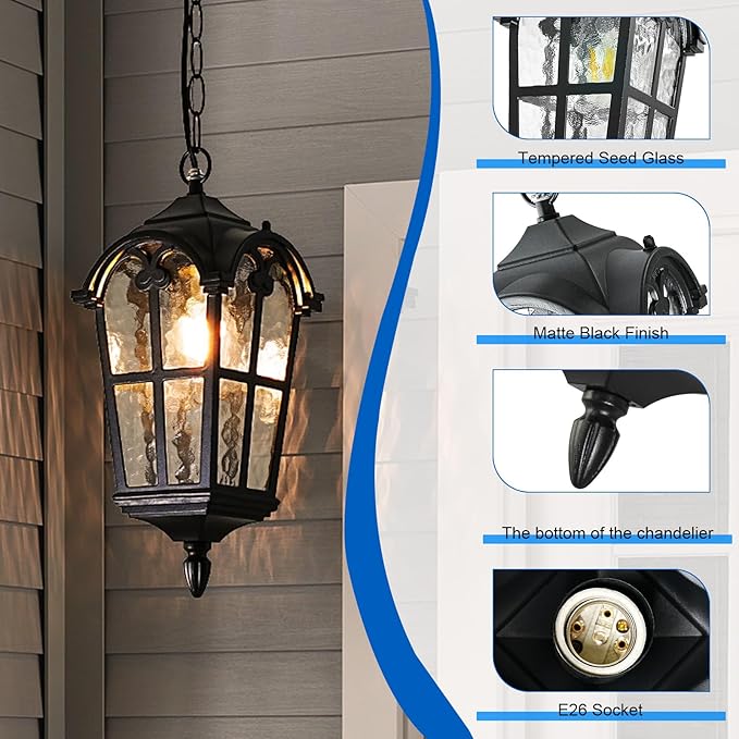 Black Outdoor Pendant Lights for Porch Hallway Patio, Aluminium Exterior Hanging Light Fixtures, Outside Waterproof Vintage Hanging Ceiling Outdoor Pendant Lamp Height Adjustable, 2pack
