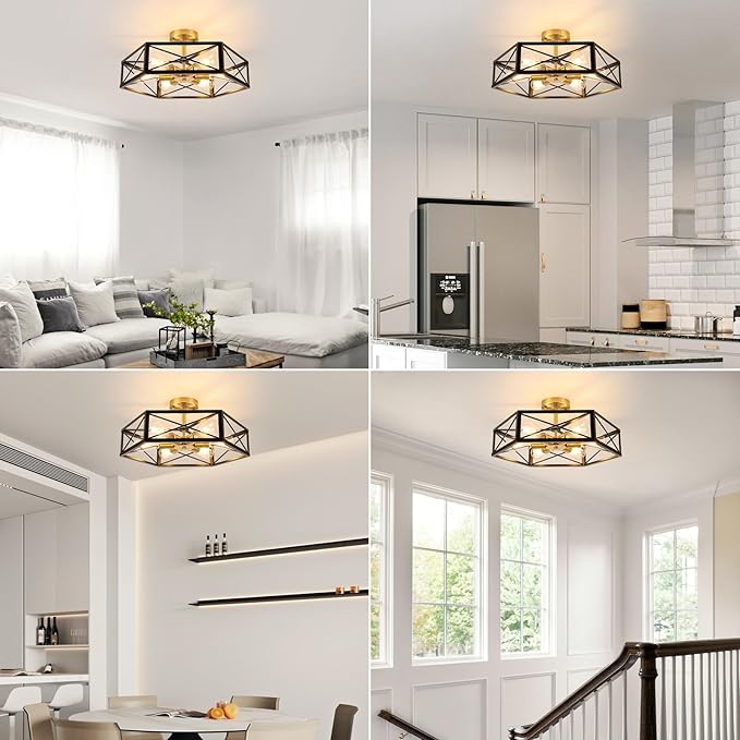 WILON Industrial Semi Flush Mount Ceiling Light, 19.68" Dining Room Light Fixture Farmhouse 6-Light Kitchen Lighting Fixtures Ceiling Mount Black and Gold Light Fixture for Hallway Kitchen Foyer