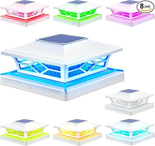 APONUO Solar Post Cap Lights with 8 RGB Colors and Multicolor Flow, Ultra-Bright Clear Lens, IP65 Waterproof for 4x4 5x5 6x6 Wood & Vinyl Fence Posts, 8 Pack White