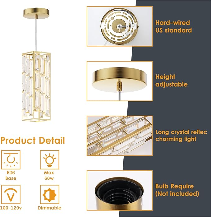 Brass Pendant Lights Modern Pendant Light Fixture, Mini Crystal Pendant Ceiling Light, Pendant Light for Kitchen Island, Dinning Room, Bedroom, Kitchen Sink Lighting (3-Pack)