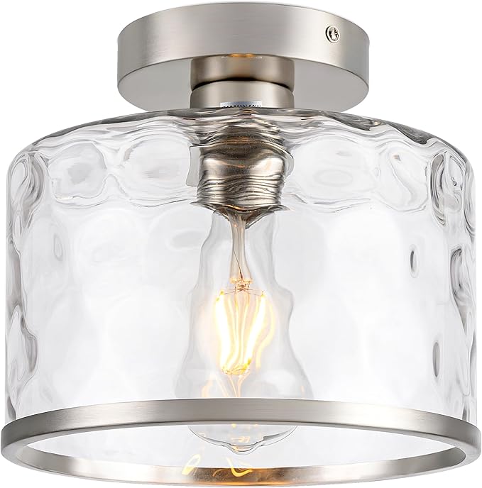 Zlepmlla Modern Semi Flush Mount Ceiling Light with Industrial Clear Hammered Glass Lampshade, Farmhouse Ceiling Lights fixtures in Satin Nickel for Hallway Kitchen Bathroom Bedroom