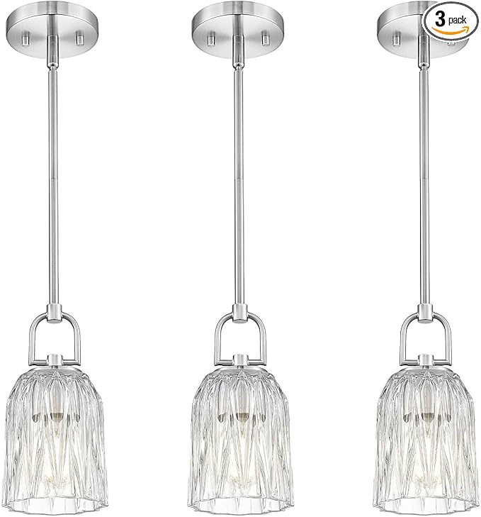 FEMILA 3 Pack Pendant Lights Kitchen Island, Brushed Nickel Glass Pendant Light for Kitchen Island Bedroom Hotel, 4FH83MIL-3PK BN