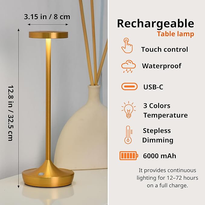 Gold Cordless Table Lamp, Rechargeable 6000mAh Battery LED Desk Lamp, Portable Metal Touch Lamp with 3-Level Dimming, Waterproof Light for Restaurant, Dining Table, Patio, Home Decor (2 Gold)