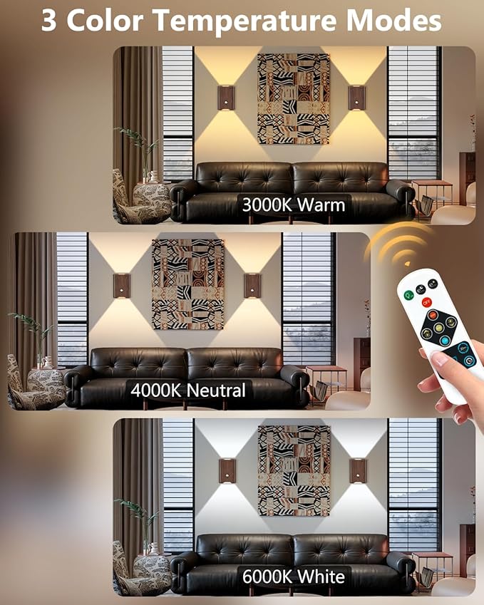 4 Pack Rechargeable Motion Sensor Wall Sconce – 5000mAh Wireless Battery Operated Wall Light Indoor, 3 Colors Up/Down Lighting Magnetic Night Light with Remote Control for Bedroom, Hallway (Walnut)