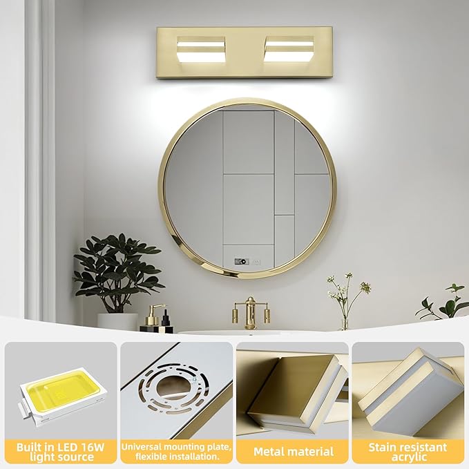 OKELI 2 Light Bathroom Vanity Light Gold Modern 16W LED Dimmable Vanity Light Over Mirror 350° Adjustable Lamp Head Cold White 6000K ETL Listed 15.5Inch