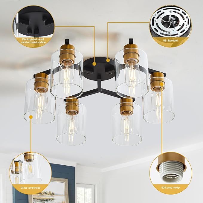 Black and Gold Semi Flush Mount Ceiling Light, 6 Light Vintage Kitchen Ceiling Lighting Fixtures, Large Ceiling Light Fixtures with Clear Glass Shade for Hallway, Living Room, Bedroom, Farmhouse