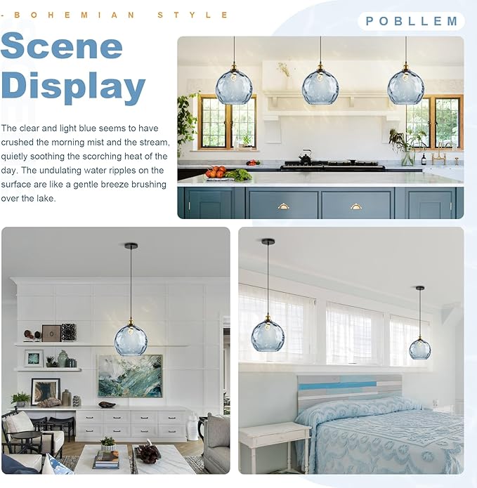 Blue Glass Pendant Lights Kitchen Island Pendant Lighting 13.8" Large Globe Pendant Light Hammered Glass Shade Adjusteble Hanging Light Fixtures for Bedroom Dining Room Living Room Hallway